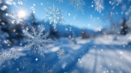 Close-up of delicate ice crystals and snowflakes on glass surface, winter sunlight creating sparkling highlights, soft-focused blue sky beyond - Powered by Adobe