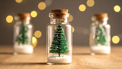 A small green Christmas tree enclosed in a glass jar with a cork lid sits on artificial snow, surrounded by warm yellow string lights—evoking cozy winter charm and festive decoration.