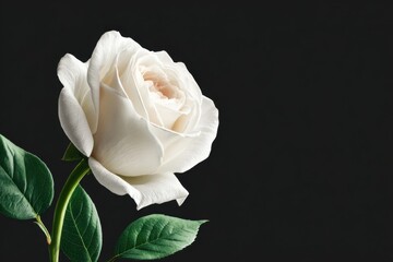 Elegant white rose illustration with lush green leaves against a dark background, symbolizing remembrance and beauty, perfect for heartfelt occasions and emotional expressions