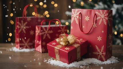 Christmas gift and shopping bag with snowflake pattern on wooden table with light