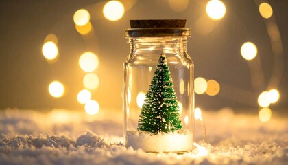 A small green Christmas tree enclosed in a glass jar with a cork lid sits on artificial snow, surrounded by warm yellow string lights—evoking cozy winter charm and festive decoration.