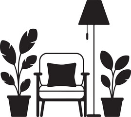 Fototapeta premium Minimal Black Silhouette Vector Set of Cozy Chair Setup Chair Cushion Lamp Plant