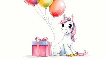 Cute cartoon unicorn birthday party with balloons
