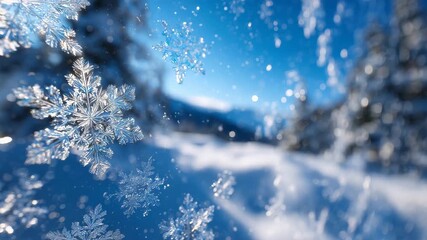 Close-up of icy frost with snowflakes on window glass, natural light illuminating textures, vibrant cold blue sky in background, high-detail winter macro - Powered by Adobe