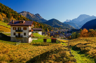 Fototapeta premium Scenic view of a traditional chalet in the Dolomites mountains, Italy, Europe 