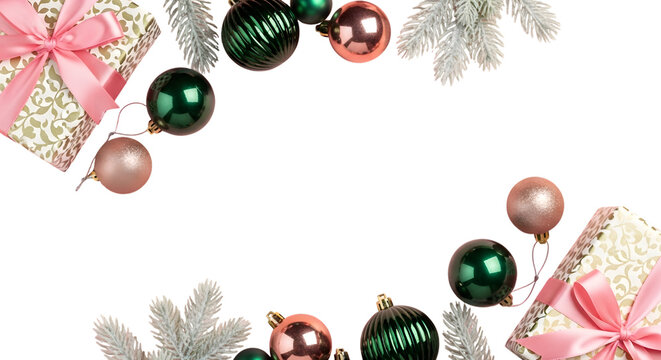 Festive christmas decorations with gifts and ornaments on black background - Powered by Adobe