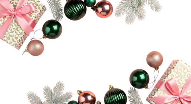 Festive christmas decorations with gifts and ornaments on black background