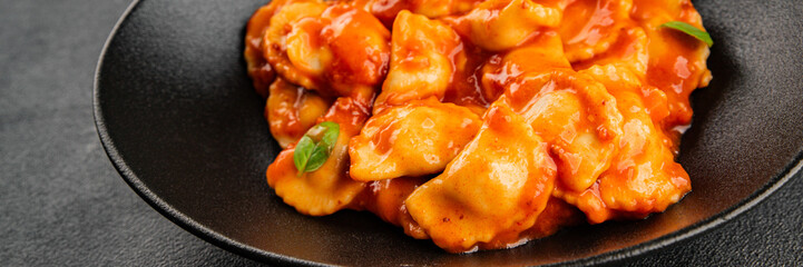 Beef ravioli tomato sauce main course tasty snack fresh delicious gourmet food on the table rustic food top view copy space