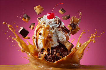 Decadent dessert explosion with swirling golden caramel and chocolate delights