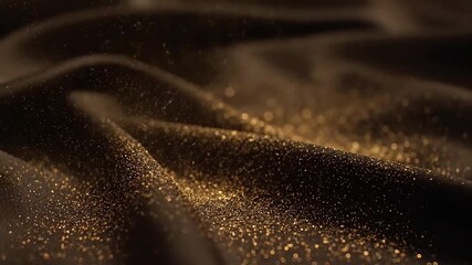 Falling gold glitter dust scattering across black fabric, soft folds and bokeh shimmer creating a luxurious festive mood. - Powered by Adobe