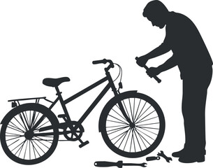 Fototapeta premium Silhouette vector illustration of a mechanic repairing a bicycle with tools, ideal for cycling and maintenance themes