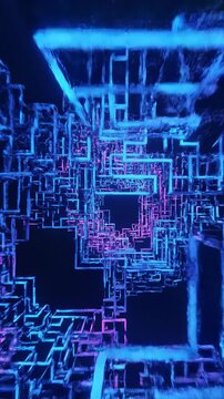 Complex geometric lattice structure constantly restructuring itself with shifting paths and abstract maze segments in motion design innovation, algorithm, presentation