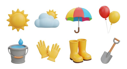 Collection of 3d weather and gardening icons including sun, cloud, umbrella, balloon, bucket, glove, boot, and shovel isolated on transparent background