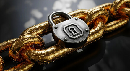 Close up of a silver padlock securing a thick golden chain with hexagonal links security