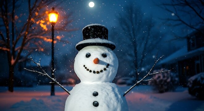 Snowman with top hat and carrot nose in snowy night with street lamp and moon winter - Powered by Adobe