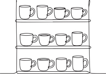 Minimalist Continuous Line Art Shelf Full of Mugs and Cups