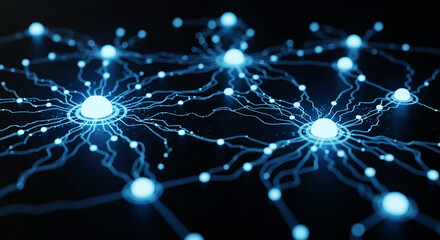 Glowing blue interconnected nodes and lines on black background abstract network connection