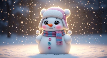 Cute cartoon snowman wearing pink hat and striped scarf in falling snow winter