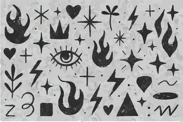 Monochrome Hand-Drawn Symbol Pattern, hand-drawn symbols, monochrome illustration, black and white doodles, pencil sketch texture, charcoal line art, raw expressive drawing, stylized icons, flames, 
