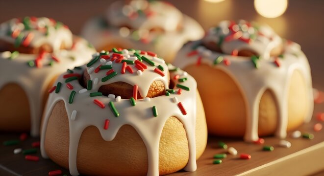 Close up of cinnamon rolls with icing and sprinkles