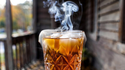 Autumn Whiskey Drink Image Smoky Cocktail on Rustic Porch at Golden Hour
