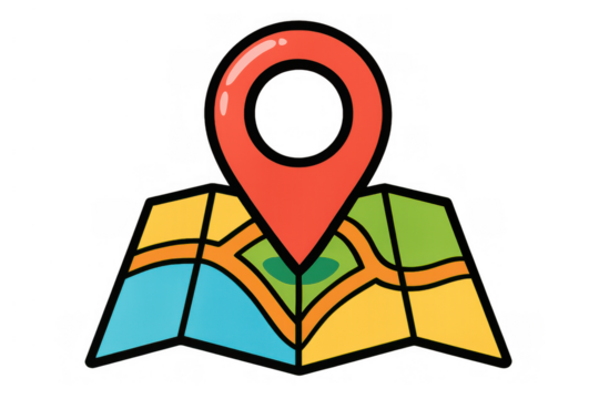 Location pin icon on a colorful map showing gps navigation, travel planning, destination finding, and online positioning concept