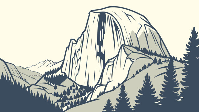 Yosemite Half-Dome Minimal Vector &ndash; National Park Landscape Retro Outdoor Adventure Rustic Americana Design