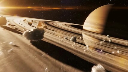Immersive space journey through Saturn's rings asteroid field with icy debris and distant planet gas giant - Powered by Adobe