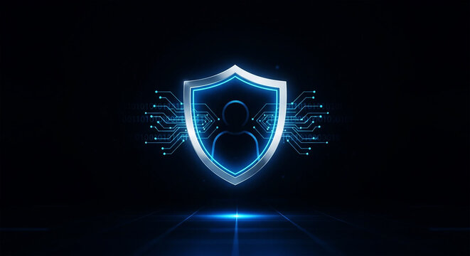 Digital shield with person icon and circuit board pattern on dark background security protection