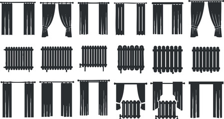 Silhouette vector icon set showing various styles of curtains and drapes for interior design and home decor projects