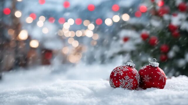 Cozy Christmas scene featuring red and silver baubles on fresh snow, glowing fairy lights casting soft reflections, winter holiday charm radiating through composition
