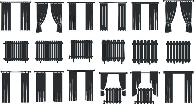 Silhouette vector icon set showing various styles of curtains and drapes for interior design and home decor projects