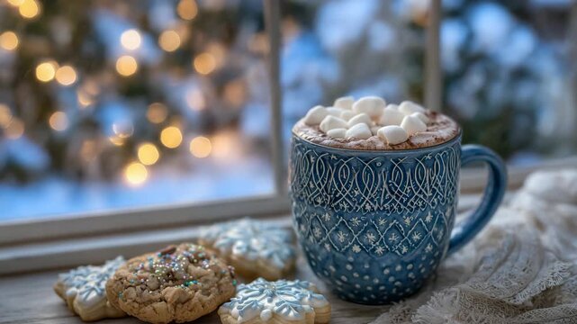 Cozy living room window scene with ceramic mug of hot chocolate, topped with marshmallows and surrounded by Christmas cookies, soft snow falling outside, warm holiday lighting