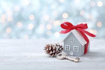 Festive winter home decoration with miniature house, pinecone, and key on wooden table