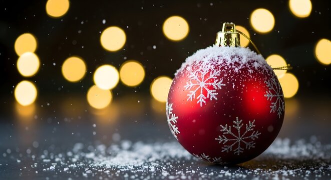 Red christmas ornament with snowflakes and bokeh lights