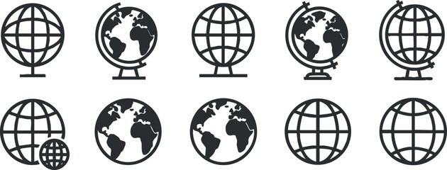 Set of minimalist black and white vector illustrations of globes and world maps for educational and travel design projects