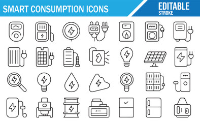 Smart energy monitoring and consumption outline icon set