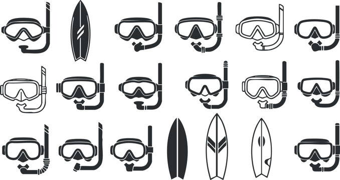 Set of minimalist black and white vector icons featuring snorkeling masks and surfboards for beach and water sports themes