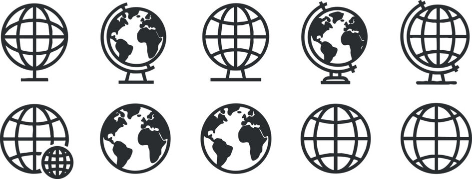 Set of minimalist black and white vector illustrations of globes and world maps for educational and travel design projects