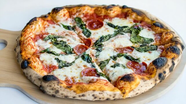 A delicious pizza topped with pepperoni and spinach served on a wooden board, perfect for snacking or serving at a party