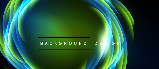 Abstract flowing lines create vibrant green, blue layers. Central text reads background design. Modern, dynamic visual composition.