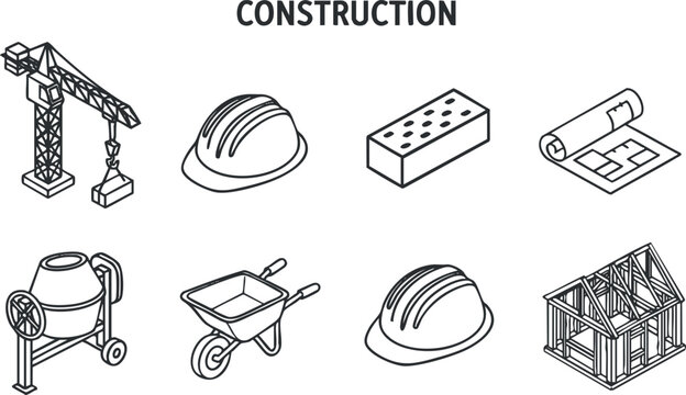 Outline vector illustration of construction elements including crane, hard hat, blueprint, and tools for design projects