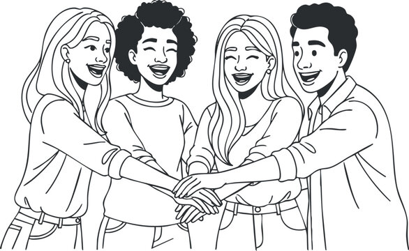 Line art illustration depicting diverse group of friends joining hands in a cheerful and supportive gesture, perfect for community and teamwork themes