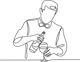Continuous Line Art Illustration of Bartender Wiping Wine Glass Minimal Realistic Bar Scene