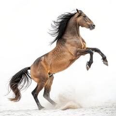 Bucking Bay Horse on White Background, Dynamic Pose, Dramatic Lighting, Equestrian Art, Horse Photography. Horse, Equine