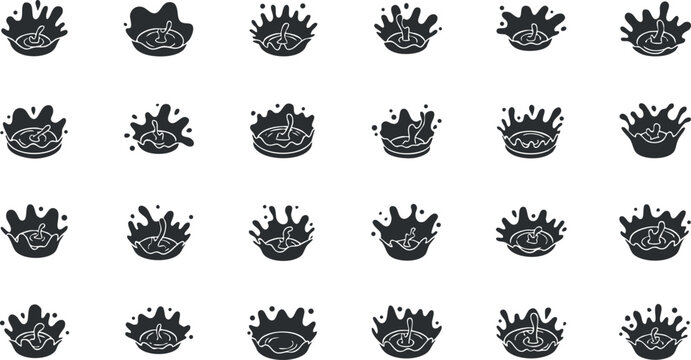 Stylized black and white vector illustration set of water splash icons for graphic design and branding projects