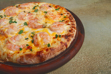 four cheese pizza with shrimp and fresh microgreens, served on a wooden board, homemade, no people,