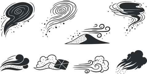 Stylized vector illustration of dynamic wind and cloud elements in black and white, perfect for weather-themed designs