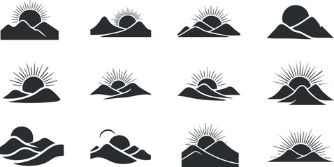Stylized vector icon collection featuring various mountain and sun illustrations for nature and outdoor themes