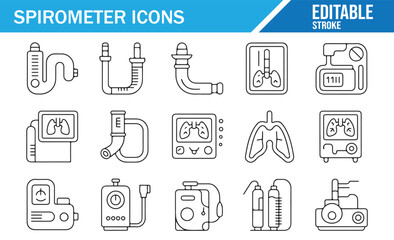 Pulmonary diagnostic equipment icon set in clean outline style